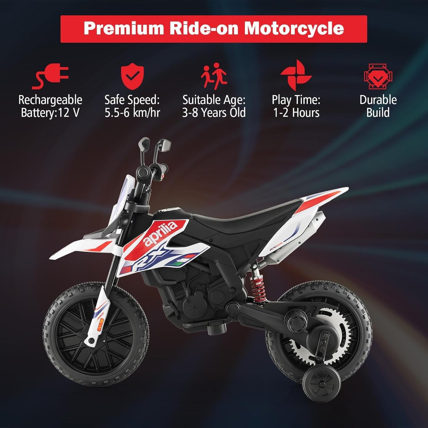 12V 1-Seater Licensed Aprilia RX125 Kids Ride On Bike White